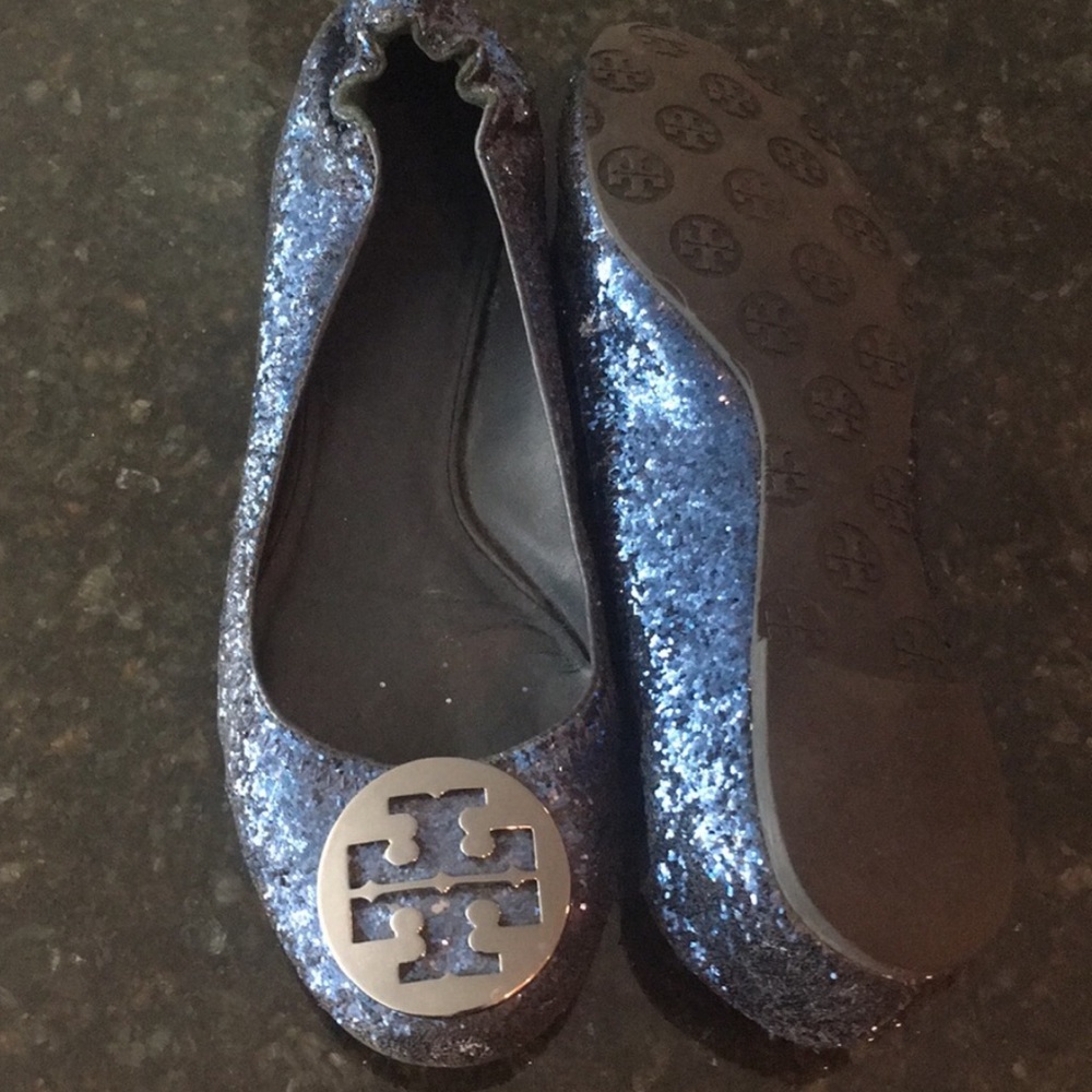 Tory Burch Navy Blue Glitter Reva Flats Size 10